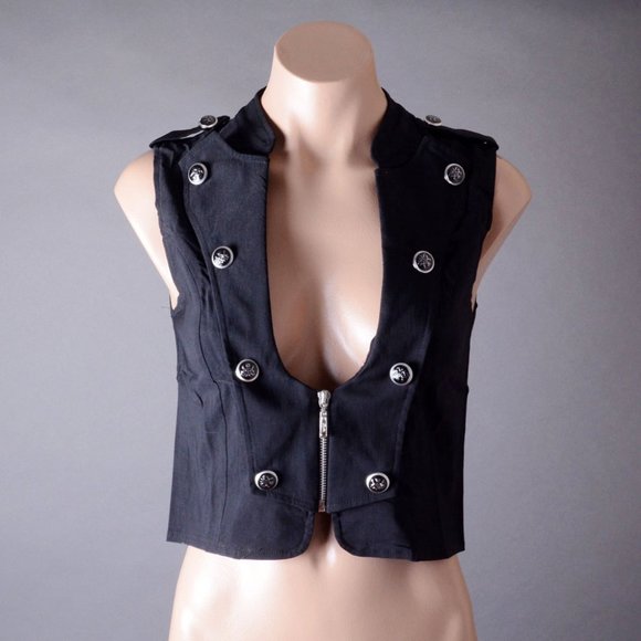 Black Sleeveless Cleavage Zipper Steampunk Punk Goth Cropped Top Vest S M L - Picture 1 of 7